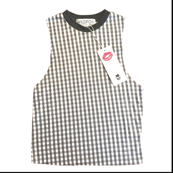 Wildfox Gray White Gingham Cropped Fountain Top Slim Fit Sleeveless Tank NWT - Picture 3 of 8